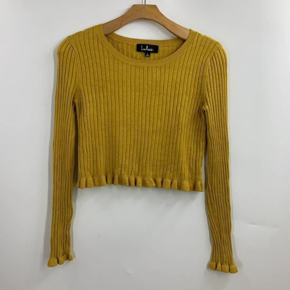 Lulu's Women's Cropped Ribbed Ruffled Long Sleeve Round Neck Top Size L